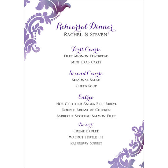 Purple Watercolor Damask Menu Cards